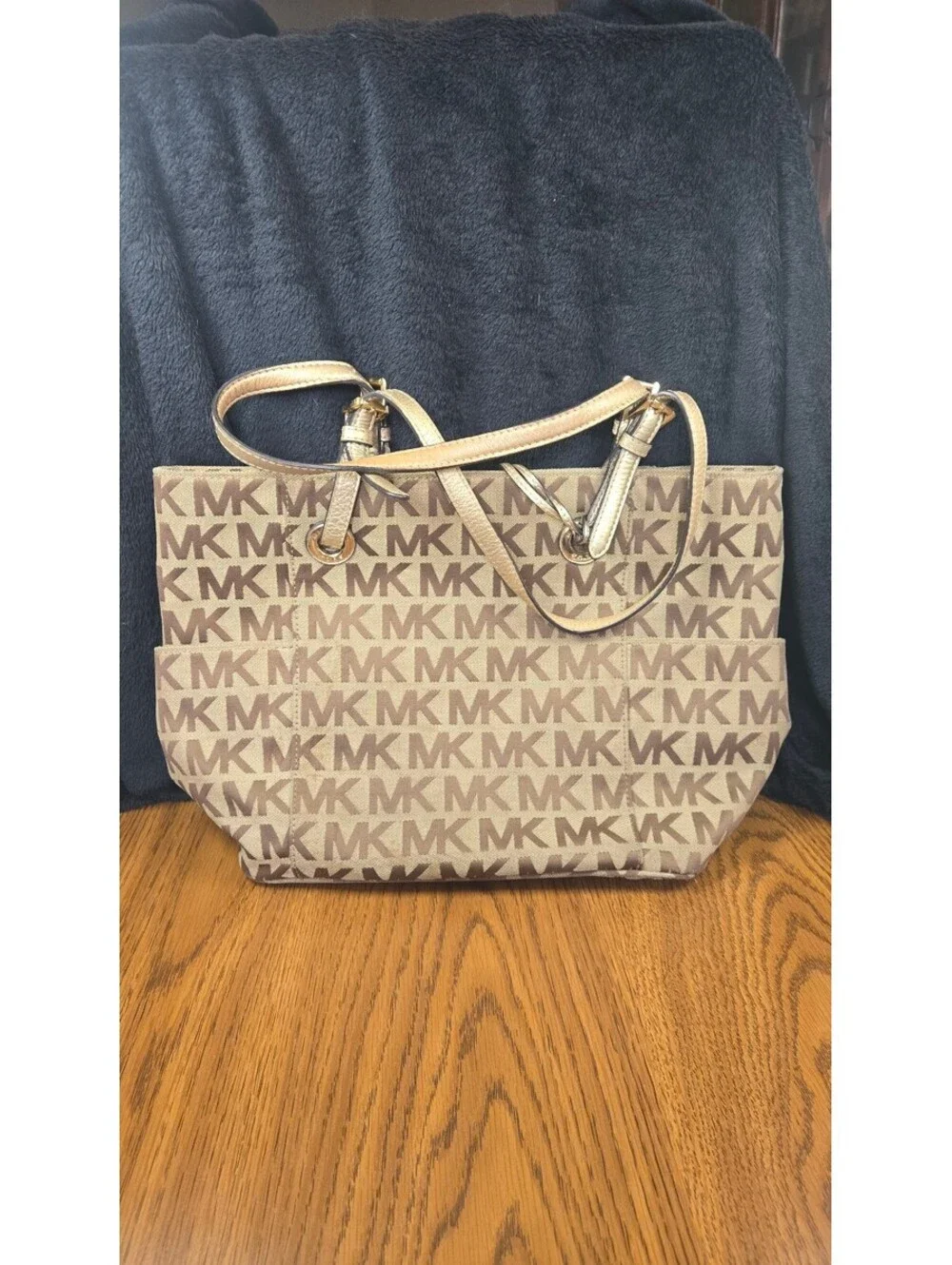 Michael Kors Beige and Brown MK Logo Tote Bag with Gold Handles